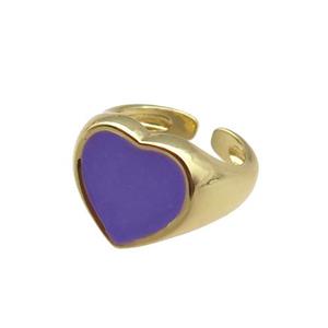 Copper Rings with purple enameled heart, adjustable, gold plated, approx 12mm, 14mm dia