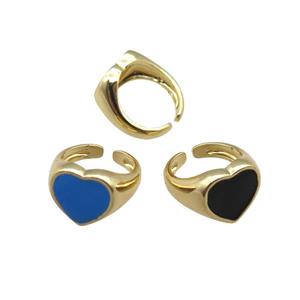 Copper Rings with enameled heart, mix, adjustable, gold plated, approx 12mm, 14mm dia