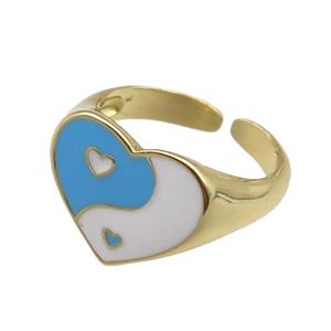 Copper Rings with enameled heart, adjustable, gold plated, approx 13mm, 18mm dia