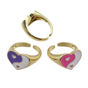 mix Copper Rings with enameled heart, yinyang, adjustable, gold plated, approx 13mm, 18mm dia
