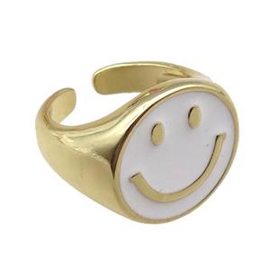 copper rings with white enameled smileface emoji, adjustable, gold plated, approx 17.5mm, 18mm dia