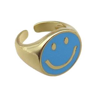 copper rings with blue enameled smileface emoji, adjustable, gold plated, approx 17.5mm, 18mm dia