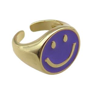 copper rings with purple enameled smileface emoji, adjustable, gold plated, approx 17.5mm, 18mm dia