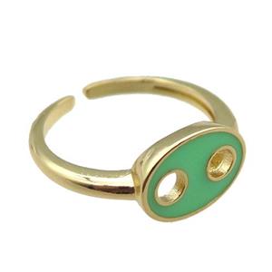 copper rings with green enameled, adjustable, gold plated, approx 9-13mm, 18mm dia