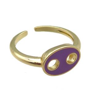 copper rings with purple enameled, adjustable, gold plated, approx 9-13mm, 18mm dia