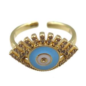 copper rings with blue enameled evil eye, adjustable, gold plated, approx 12-20mm, 18mm dia