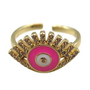 copper rings with hotpink enameled evil eye, adjustable, gold plated, approx 12-20mm, 18mm dia