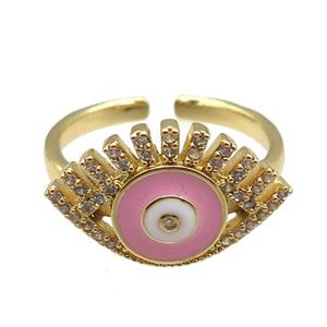 copper rings with pink enameled evil eye, adjustable, gold plated, approx 12-20mm, 18mm dia
