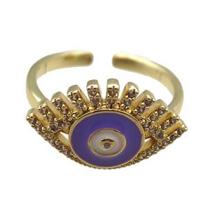 copper rings with purple enameled evil eye, adjustable, gold plated, approx 12-20mm, 18mm dia
