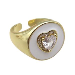 copper rings with white enameled, heart, adjustable, gold plated, approx 17mm, 18mm dia