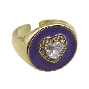 copper rings with purple enameled, heart, adjustable, gold plated, approx 17mm, 18mm dia