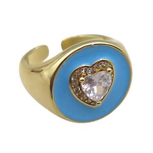 copper rings with blue enameled, heart, adjustable, gold plated, approx 17mm, 18mm dia