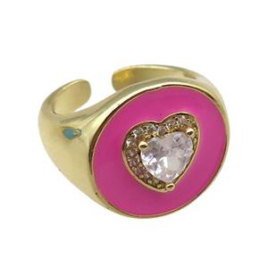 copper rings with pink enameled, heart, adjustable, gold plated, approx 17mm, 18mm dia