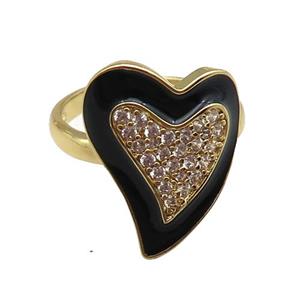 copper rings with black enameled heart, adjustable, gold plated, approx 15-19mm, 18mm dia