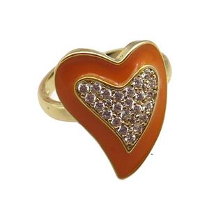 copper rings with orange enameled heart, adjustable, gold plated, approx 15-19mm, 18mm dia