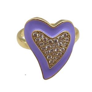 copper rings with purple enameled heart, adjustable, gold plated, approx 15-19mm, 18mm dia