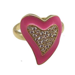 copper rings with pink enameled heart, adjustable, gold plated, approx 15-19mm, 18mm dia