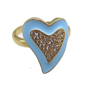 copper rings with blue enameled heart, adjustable, gold plated, approx 15-19mm, 18mm dia