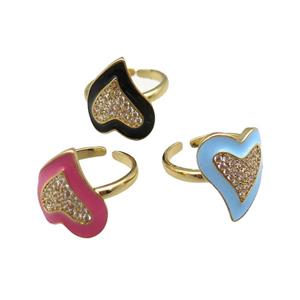 mix copper rings with enameled heart, adjustable, gold plated, approx 15-19mm, 18mm dia