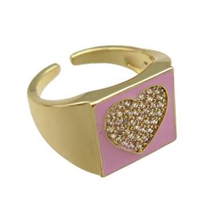 copper rings paved zircon with pink enameled, heart, adjustable, gold plated, approx 13mm, 18mm dia