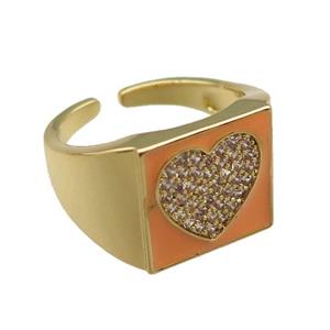 copper rings paved zircon with orange enameled, heart, adjustable, gold plated, approx 13mm, 18mm dia