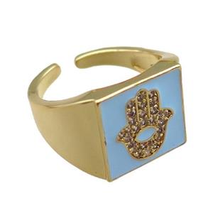 copper rings paved zircon with blue enameled, hamsahand, adjustable, gold plated, approx 13mm, 18mm dia