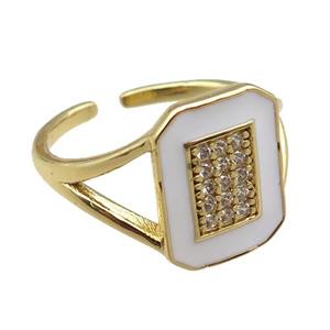 copper rings paved zircon with white enameled, adjustable, gold plated, approx 10-14mm, 18mm dia