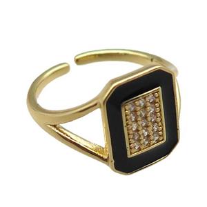 copper rings paved zircon with black enameled, adjustable, gold plated, approx 10-14mm, 18mm dia