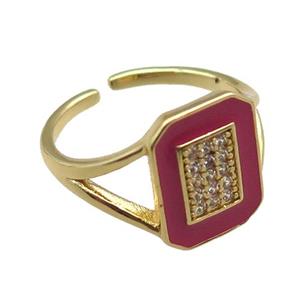 copper rings paved zircon with red enameled, adjustable, gold plated, approx 10-14mm, 18mm dia