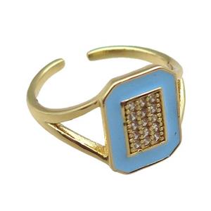 copper rings paved zircon with blue enameled, adjustable, gold plated, approx 10-14mm, 18mm dia