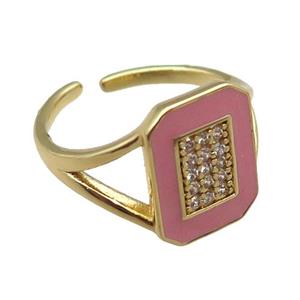 copper rings paved zircon with pink enameled, adjustable, gold plated, approx 10-14mm, 18mm dia