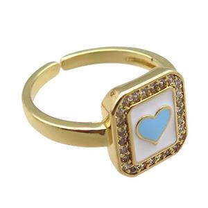 copper rings paved zircon with enameled, heart, adjustable, gold plated, approx 11-12mm, 18mm dia