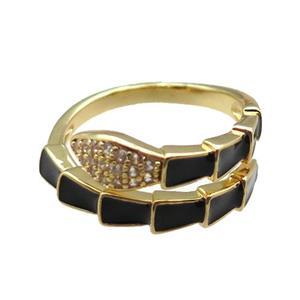 copper snake rings paved zircon with black enameled, adjustable, gold plated, approx 9mm, 18mm dia