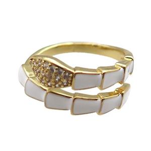 copper snake rings paved zircon with white enameled, adjustable, gold plated, approx 9mm, 18mm dia