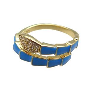 copper snake rings paved zircon with blue enameled, adjustable, gold plated, approx 9mm, 18mm dia