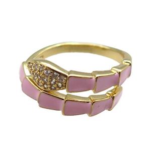 copper snake rings paved zircon with pink enameled, adjustable, gold plated, approx 9mm, 18mm dia