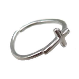 adjustable copper ring with cross, platinum plated, approx 18mm dia