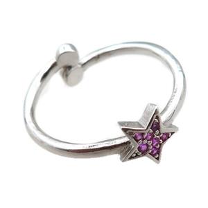adjustable copper ring with star pave hotpink zircon, platinum plated, approx 8mm, 18mm dia