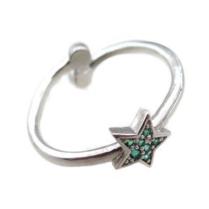 adjustable copper ring with star pave green zircon, platinum plated, approx 8mm, 18mm dia