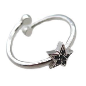 adjustable copper ring with star pave black zircon, platinum plated, approx 8mm, 18mm dia