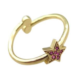 adjustable copper ring with star pave hotpink zircon, gold plated, approx 8mm, 18mm dia
