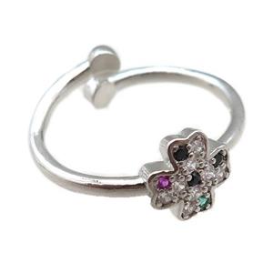 adjustable copper ring with clover pave zircon, platinum plated, approx 8mm, 18mm dia