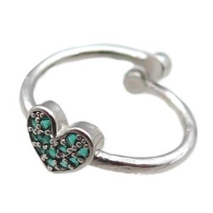 adjustable copper ring with heart pave green zircon, platinum plated, approx 8mm, 18mm dia