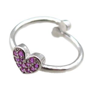 adjustable copper ring with heart pave hotpink zircon, platinum plated, approx 8mm, 18mm dia