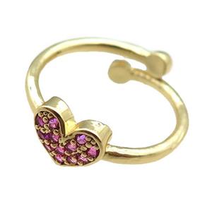 adjustable copper ring with heart pave hotpink zircon, gold plated, approx 8mm, 18mm dia