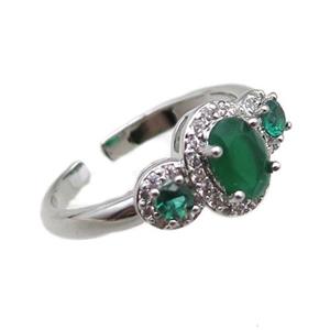 adjustable copper ring pave green zircon, platinum plated, approx 9-15mm, 18mm dia