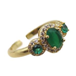 adjustable copper ring pave green zircon, gold plated, approx 9-15mm, 18mm dia