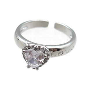 adjustable copper ring with heart pave zircon, platinum plated, approx 9mm, 18mm dia