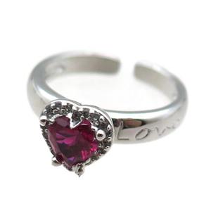 adjustable copper ring with heart pave hotpink zircon, platinum plated, approx 9mm, 18mm dia