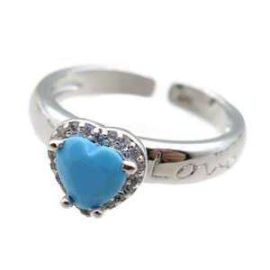 adjustable copper ring with heart pave zircon, platinum plated, approx 9mm, 18mm dia